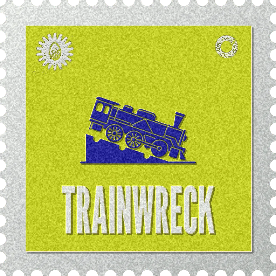 Trainwreck stamp, No. 76 in the Official Cannabis collection: a toppled steam locomotive on lime green